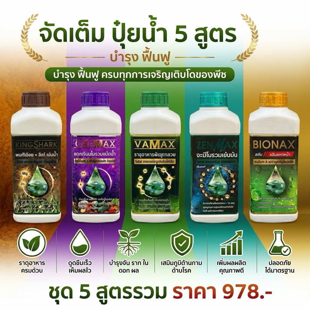 (C1+V1+B1+Z1+K1) 5 สูตรรวม แคลเซียมโบรอน + อะมิโนรวม + ธาตุอาหารพืชรวม + จับใบปรับสภาพน้ำ