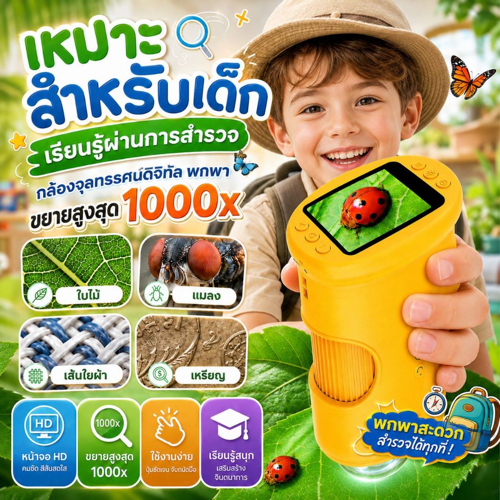 กล้องจุลทรรศน์ดิจิทัลสำหรับเด็ก กำลังขยาย 1000 เท่า ความละเอียด 4K พกพาสะดวก มาพร้อมหน้าจอ IPS ขนาด 2.0 นิ้ว มีฟังก์ชั่น