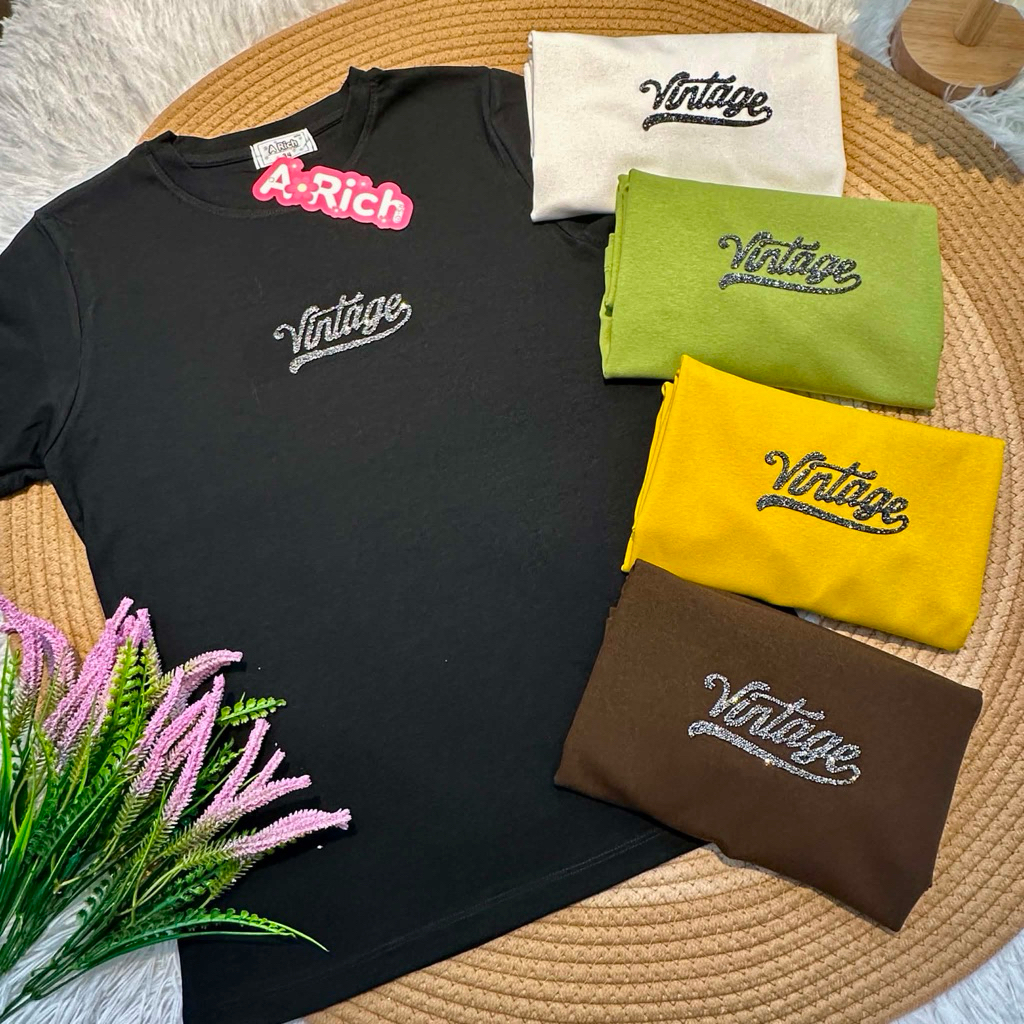 เสื้อยืดรีดเพชรลายวินเทจป้าย A Rich ผ้ายูนิโคล่หนานุ่มเด้ง มี6ไซด์