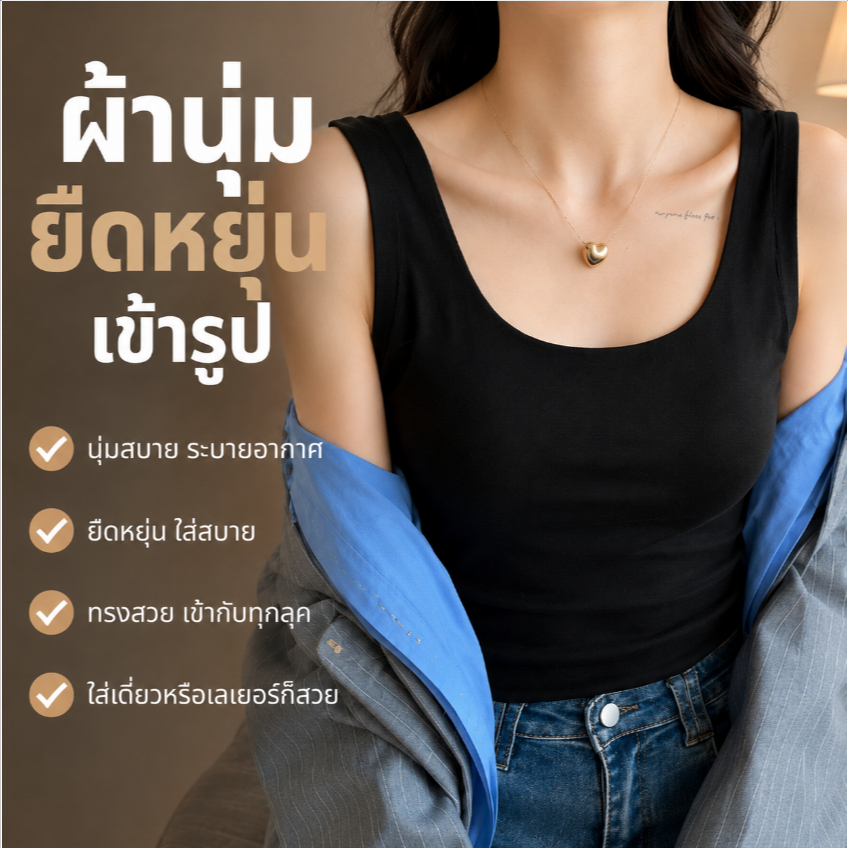 เสื้อกล้ามผู้หญิงซับใน สีพื้น ทรงเข้ารูป ผ้านุ่มยืด ใส่สบาย ระบายอากาศ แมทช์ยีนส์ง่าย ใส่เดี่ยวหรือซับใน ลุคเกาหลี