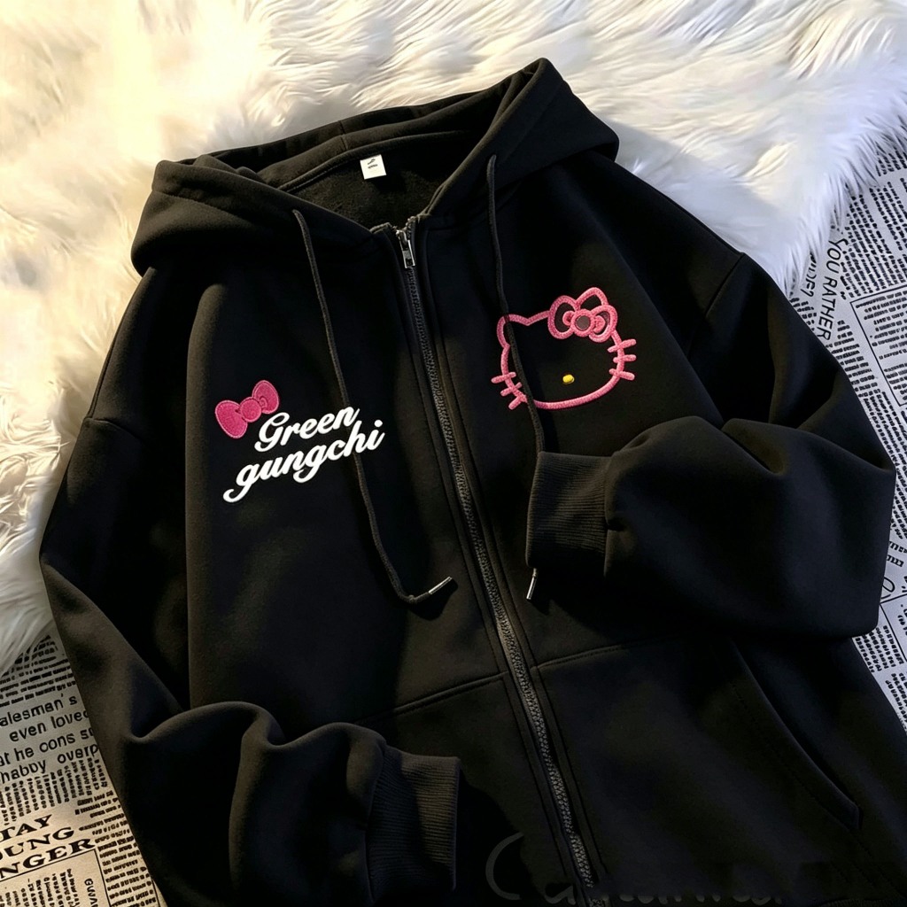 เสื้อแขนยาว  Hello Kitty การ์ตูนพิมพ์ผู้หญิงเสื้อสเวตเตอร์ถัก Hooded Sweatshirt ฤดูใบไม้ร่วงหลวมสบายๆคู่แขนยาวซิปด้านบน