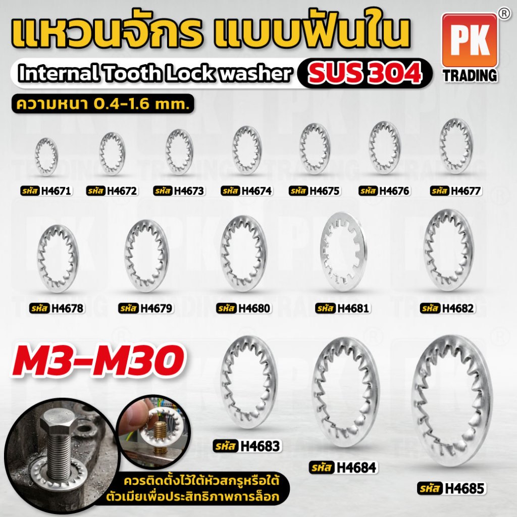 แหวนจักรใน แหวนกันคลาย สแตนเลส 304 Internal Toothed Lock Washer SUS304 M3-10 (ราคาต่อ20ตัว)