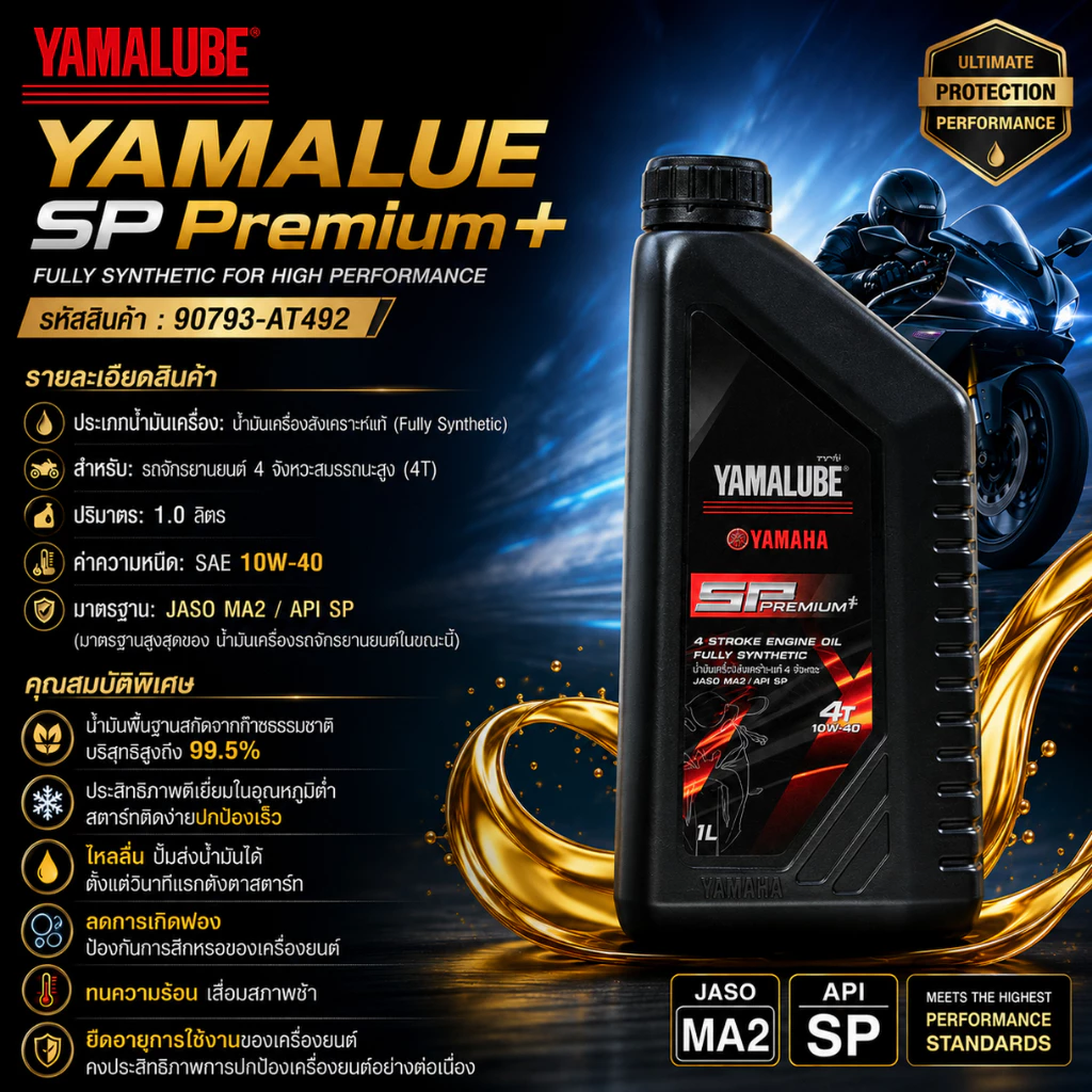 90793-AT492 น้ำมันเครื่องสังเคราะห์แท้ YAMALUBE SP PREMIUM+ ขนาด 1 ลิตร สำหรับรถจักรยานยนต์ 4 จังหวะ แท้เบิกศูนย์100%