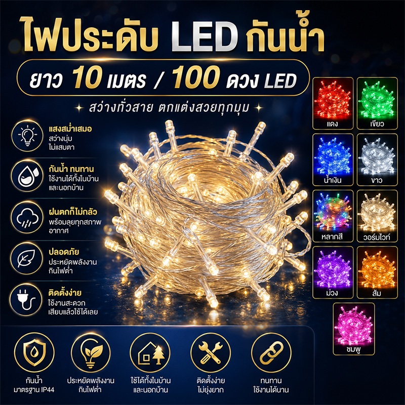 ไฟประดับ LED กันน้ำ 10เมตร 100LED ไฟตกแต่งห้อง ไฟคริสต์มาส ไฟสายรุ้ง คาเฟ่ สวน แสงวอร์ม ประหยัดไฟ