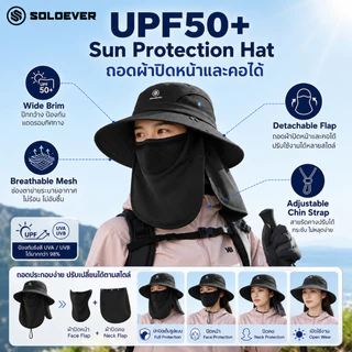 SOLOEVER หมวกกันแดดพร้อมผ้าคลุมหน้าถอดได้ ป้องกัน UV 360 องศา วัสดุระบายอากาศดี หมวกตกปลา หมวกเดินป่า กันแดด