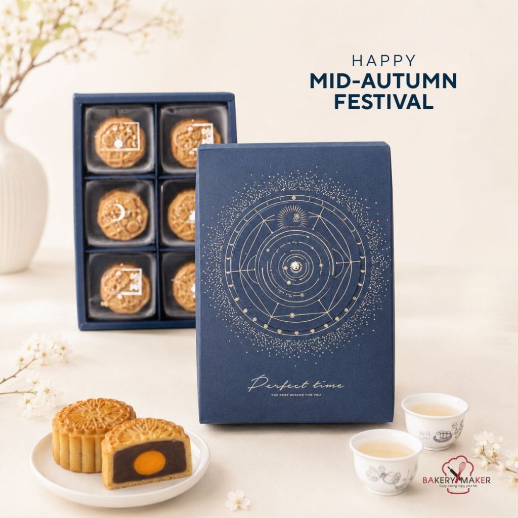 กล่องคุกกี้ Perfect time 6 ช่อง ด้านบนหมุนได้ 5 ใบ กล่อง+ถุงหิ้ว กล่องใส่ขนมไหว้พระจันทร์ กล่องขนม moon cake evergreen