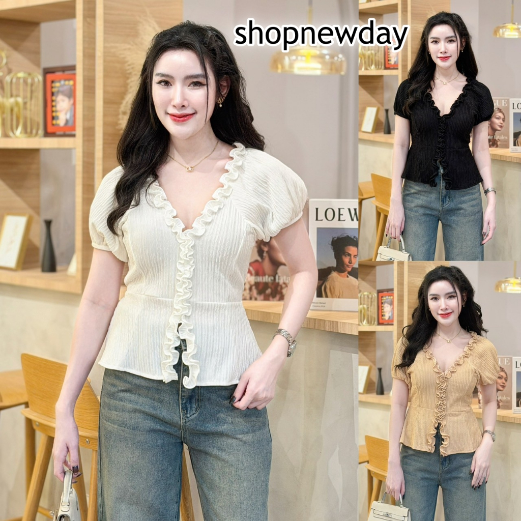 ( เฉพาะเสื้อ ) T004 เสื้อผ้าเปลือกไม้ ผ้ายืด ใส่สบาย แขนตุ๊กตา ระบายอกผ่าหน้าแต่งระบาย สม็อคหลัง น่ารัก