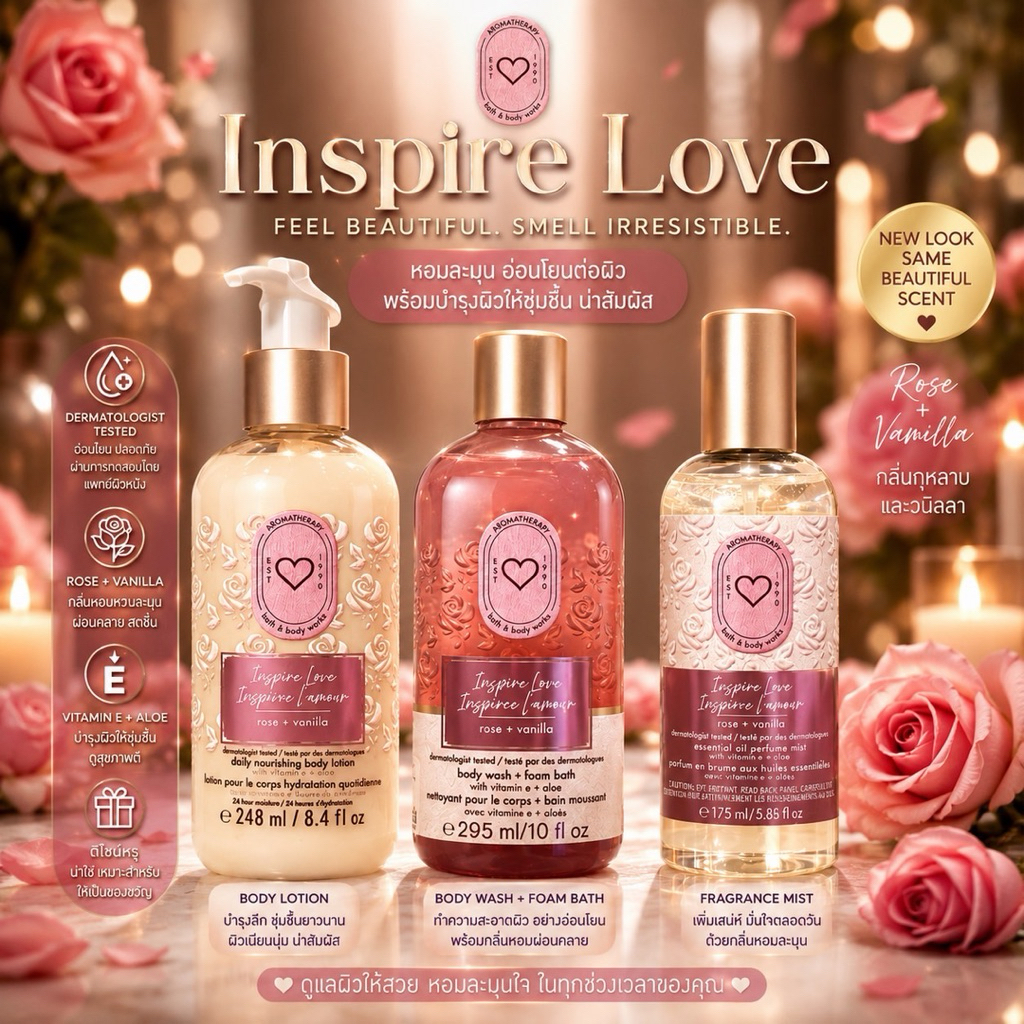 Bath&BodyWorks Inspire Love: Rose + Vanilla Body care กลิ่น กุหลาบ+วานิลลามี3แบบให้เลือก