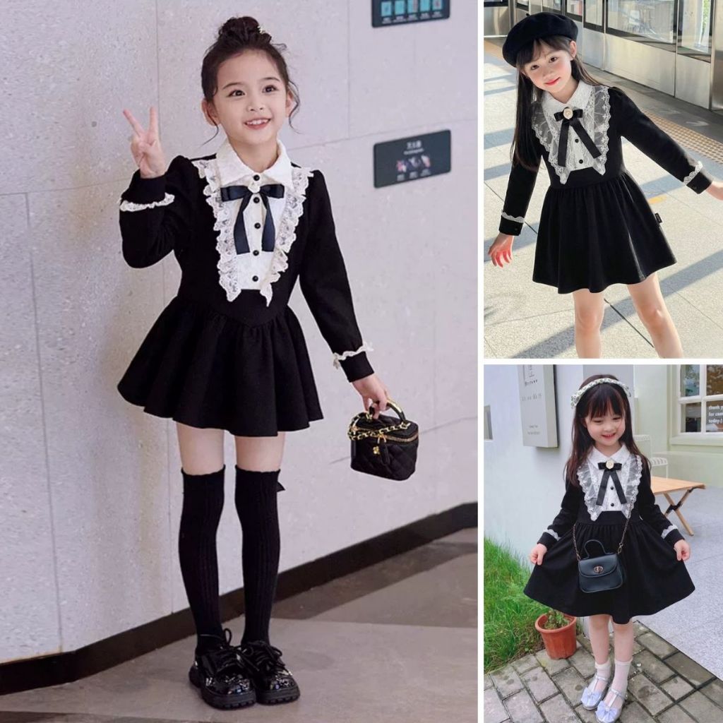 เดรสสไตล์คุณหนูตกแต่งลูกไม้คอผูกโบว์สำหรับเด็กผู้หญิง แขนยาวเรียบหรู ผ้านุ่มพรีเมียมใส่สบาย K4135327