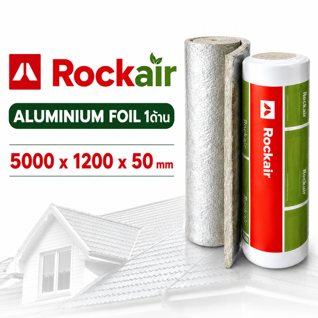 Rockwool Rockair ฉนวนกันความร้อน กันไฟ หลังคา โกดัง โรงงาน ฟอยล์อลูมิเนียม 1 ด้าน 5000x1200x50mm