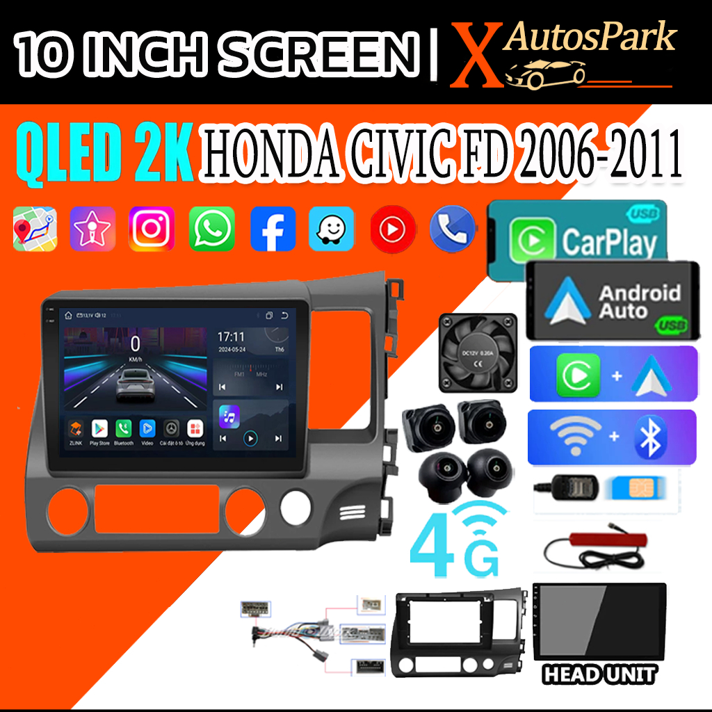 2K จอแอนดรอย จอ android 16 10นิ้ว HONDA CIVIC FD WIFI+GPS 360°+SIM Carplay+Youtube จอติดรถยนต์จอแอนดรอย ควบคุมพวงมาลัย