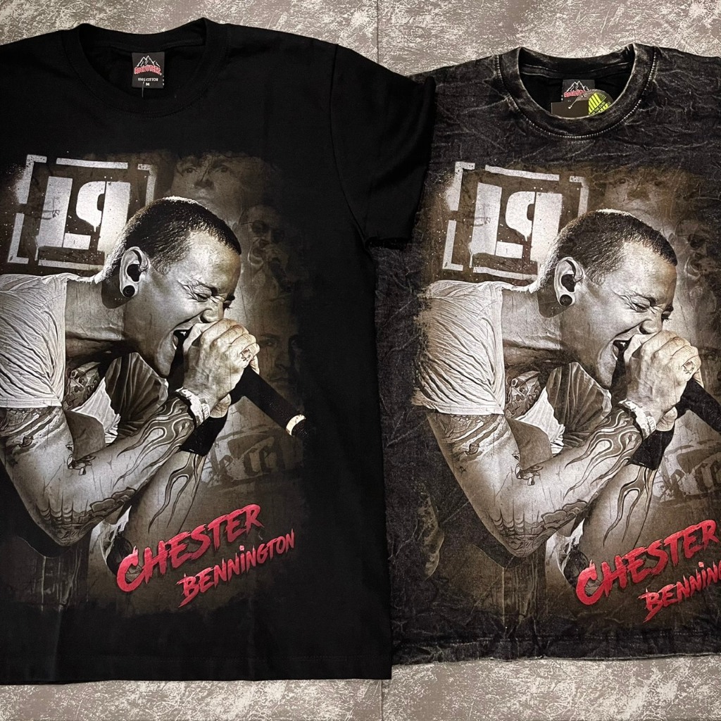เสื้อยืดผ้าฟอก-ผ้าดำ LinkinParkเชสเตอร์LP(ป้ายRocktee เรืองแสง) ผ้าCotton100