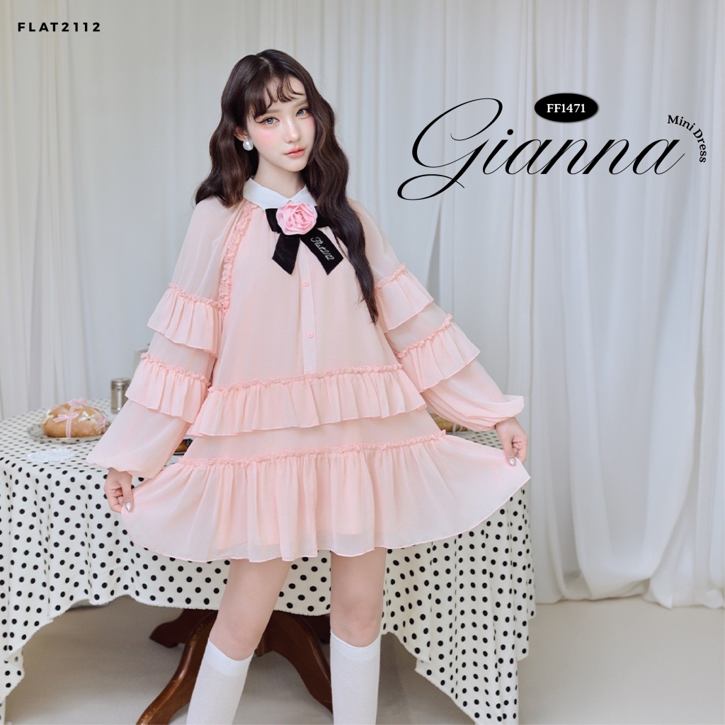 FLAT2112 : GIANNA MINI DRESS เดรสสั้นสีพีช เดรสสีพีช เดรสโบว์ดอกไม้ เดรสลูกคุณหนูหวาน เดรสสไตล์เกาหลีพาสเทล (FF1471)