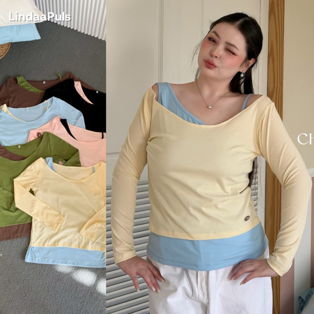 LindaaPlus-- เสื้อแขนยาวแต่งเลเยอร์สลับสีสาวอวบอ้วน ✨ ดีเทลแต่งอะไหล่ที่เอว โทนสีพาสเทล รุ่นนี้แมทง่าย ใส่ได้บ่อย