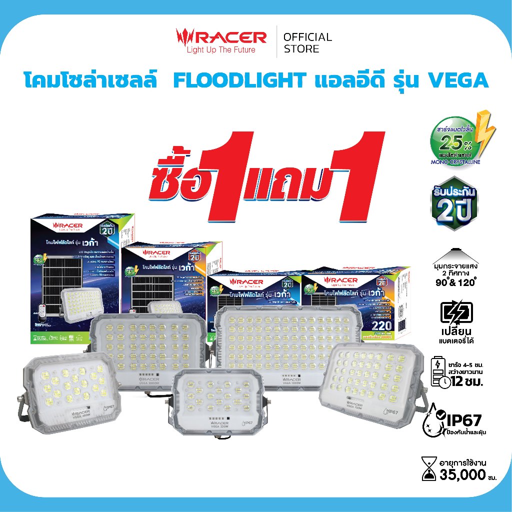 [1 แถม 1] โคมไฟฟลัดไลท์ แอลอีดี โซล่าเซลล์ รุ่น เวก้า 220W , 450W , 750W , 1000W , 1200W แสงขาว แสงเหลือง