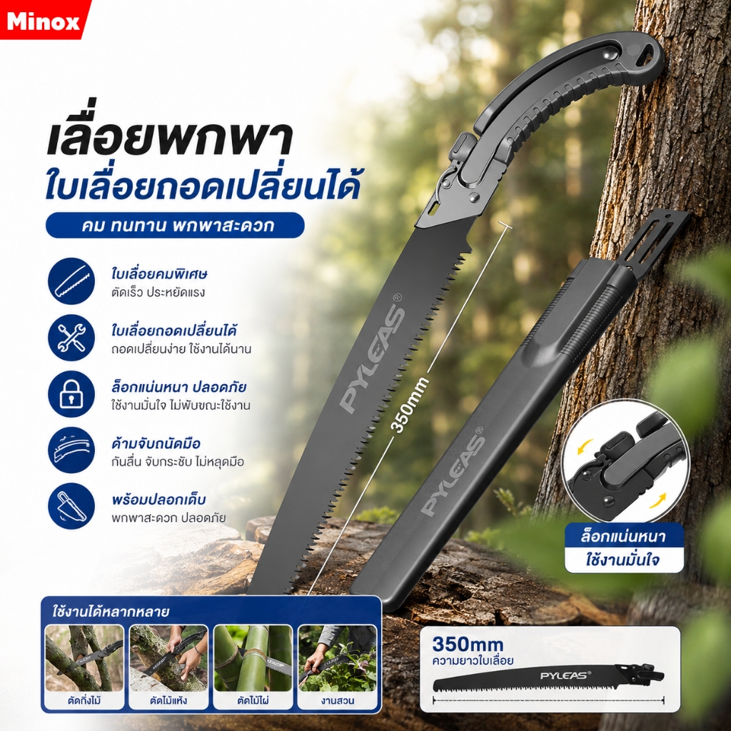 เลื่อยมือ Handsaw สำหรับตัดกิ่งไม้ SK5 สำหรับตัดกิ่งไม้ 35cm ถอดได้ เลื่อยมือพกพา ด้วยเปลือกป้องกัน