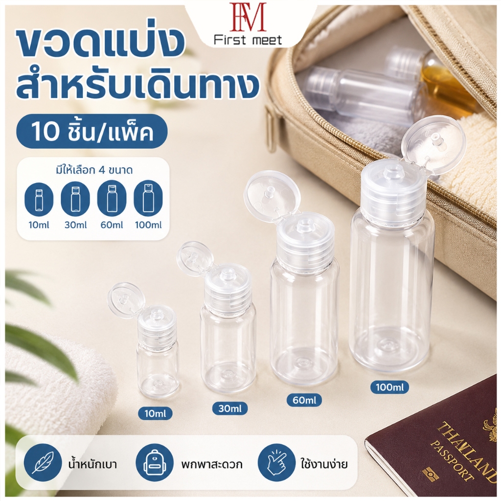 ขวดพลาสติกใสฝาเปิด 10 ชิ้น ขวดแบ่งแชมพู โลชั่น สบู่เหลว เจล พกพาสำหรับเดินทาง