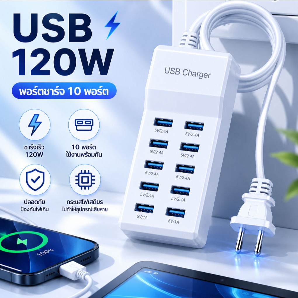 แท่นชาร์จสมาร์ทชาร์จเร็ว 120W แบบชาร์จเร็ว USB หัวชาร์จ 10in1 มีพอร์ตหลายช่อง ชาร์จอุปกรณ์ได้หลายเครื่องพร้อมกัน ปลอดภัย
