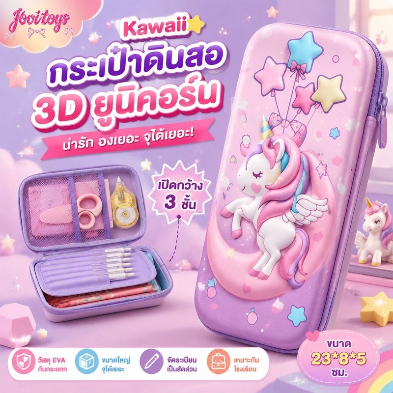 Kawaii กระเป๋าดินสอ Eva ลายยูนิคอร์น 3D ขนาดใหญ่ สําหรับเด็กผู้หญิง ใส่เครื่องเขียน โรงเรียน