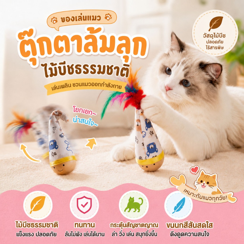 ของเล่นแมวล้มลุก ล้มลุกทรงตัวเองได้ ฐานไม้ทนกัด ขนนกทนกัดทนข่วน ของเล่นแมวแก้เหงา เล่นเองได้สำหรับแมวทุกวัย