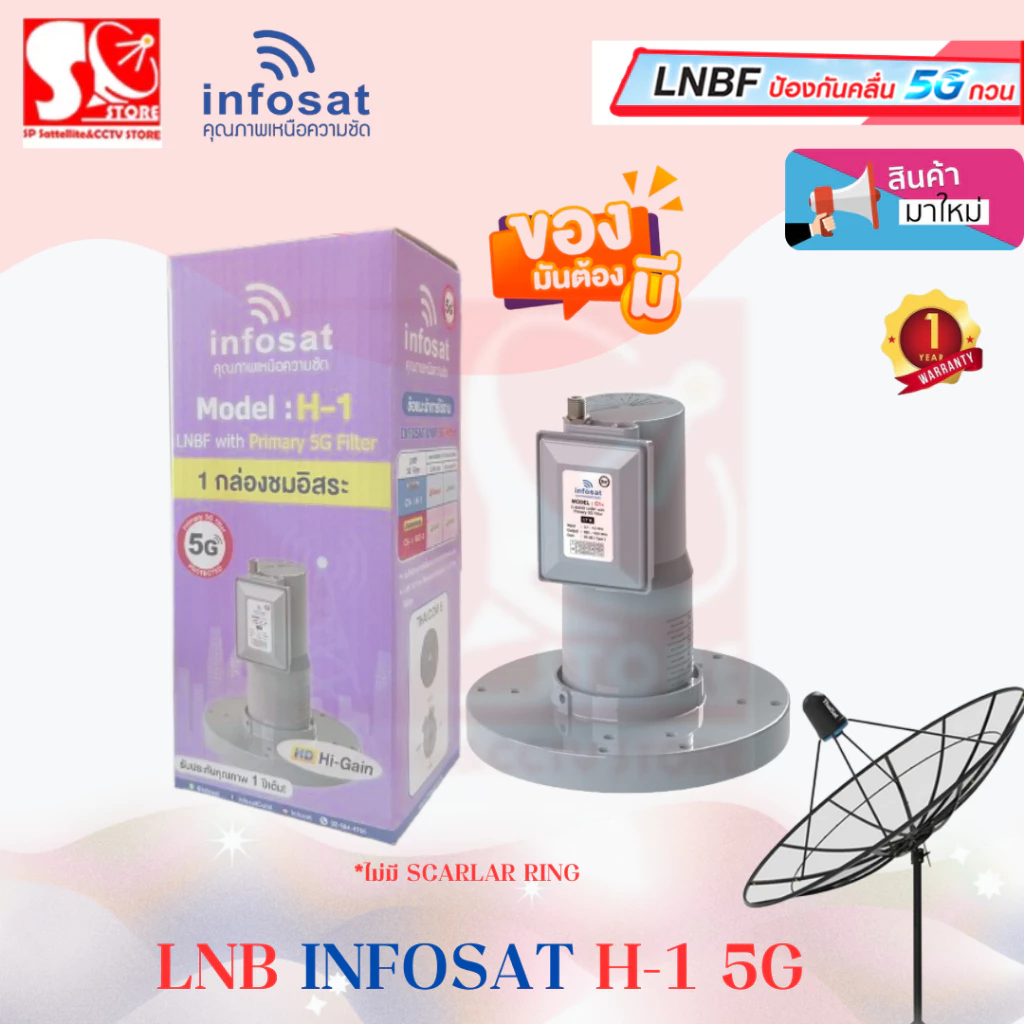 LNBF หัวจาน INFOSATใหม่ล่าสุด รุ่น H-1 ระบบ C-Band ตัดสัญญาณรบกวน 5G หัว LNB + หมวก 5G