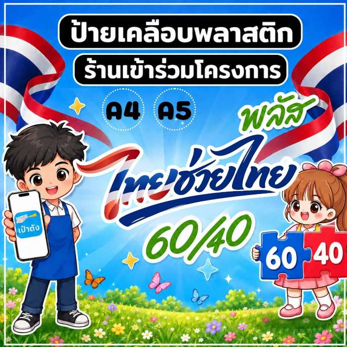 ป้ายเคลือบพลาสติก ป้ายเข้าร่วมโครงการไทยช่วยไทยพลัส 60/40 แบบเคลือบแข็ง A4 - A5