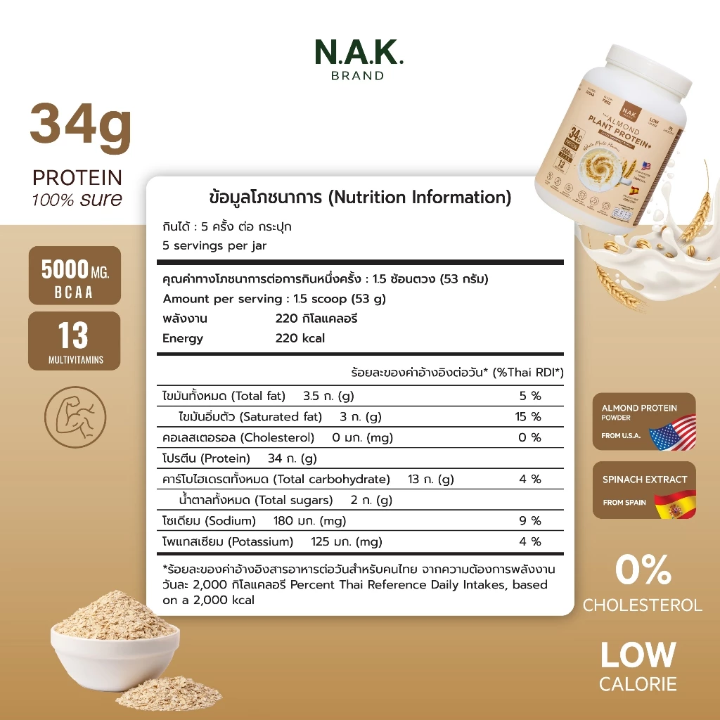 NAK มี 3 รสชาติ - Almond Plant Protein 36G โปรตีนพืชจากอัลมอนด์  โปรตีนสูง 36g ไม่เติมน้ำตาล thumbnail 7
