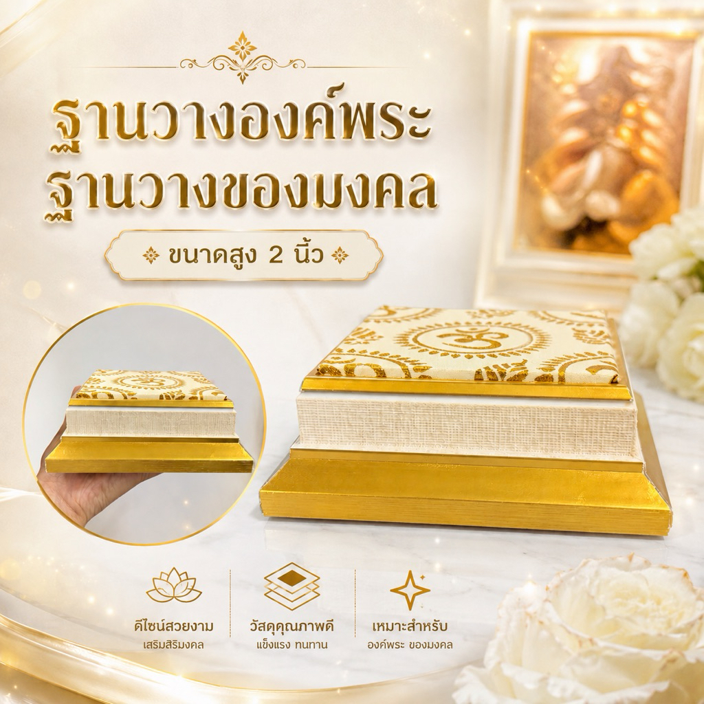 ฐานพระ ฐานวางของมงคล สูง2นิ้ว ไม้โมเดิร์นเรียบ ผ้ารองโอม/ทอง ราคาถูก