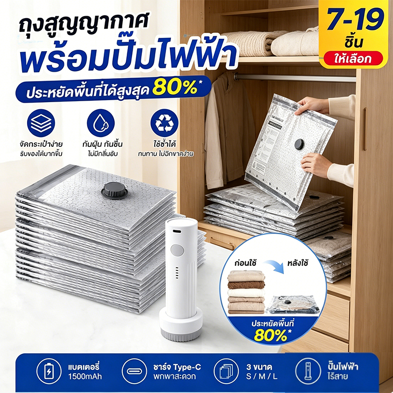 ชุดถุงเก็บสูญญากาศเดินทาง19ชิ้นถุง พร้อมปั๊มไฟฟ้าไร้สายชาร์จไฟได้ ถุงซีลกันน้ำกันชื้น สําหรับกระเป๋าเดินทางเสื้อผ้าและผ้
