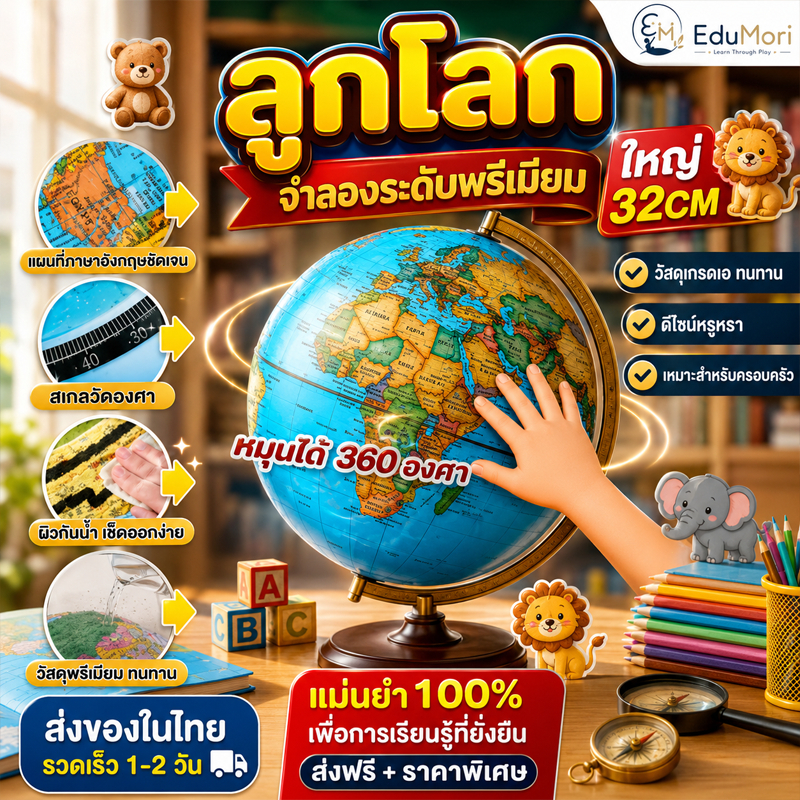 EduMori｜ลูกโลกจำลอง 25/32 ซม. หมุนได้ 360° Globe ตั้งโต๊ะ ภาษาอังกฤษ สื่อการสอนภูมิศาสตร์ ของตกแต่งบ้าน