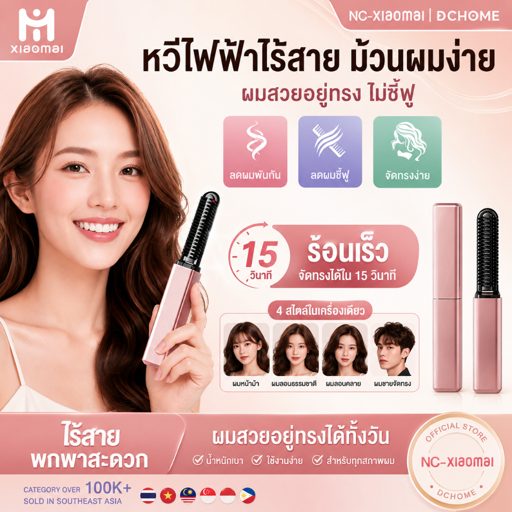NC-XIOAM หวีไฟฟ้าพกพา Hair Iron 2in1หวีหน้าม้า ร้อนเร็ว ขนาดเล็ก พกพาสะดวก ชาร์จแบบUSB หวีไฟฟ้าไร้สาย