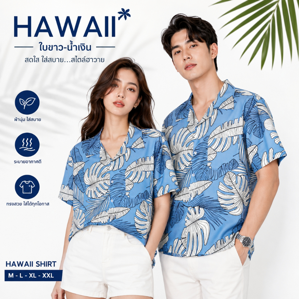เสื้อฮาวายลายใบขาวน้ำเงิน เนื้อผ้าไหมอิตาลี ใส่สบายมาก ผ้าเบาๆ พริ้วๆ ราคาเดียวทุกไซส์ ส่งจากไทย