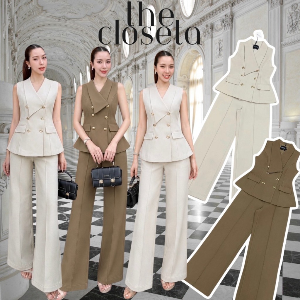 THE CLOSETA : LV337 ชุดเซ็ทคอวีแขนกลีบบัว พร้อมกางเกงทรงขากระบอกตรง ใส่ออกงาน ทำงาน สวยจบในชุดเดียว