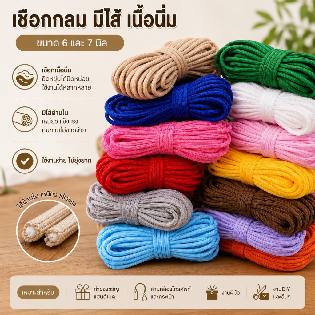 เชือกกลมมีไส้ เนื้อนิ่ม ขนาด 6 และ7 มิล ราคาต่อ 1 เมตร
