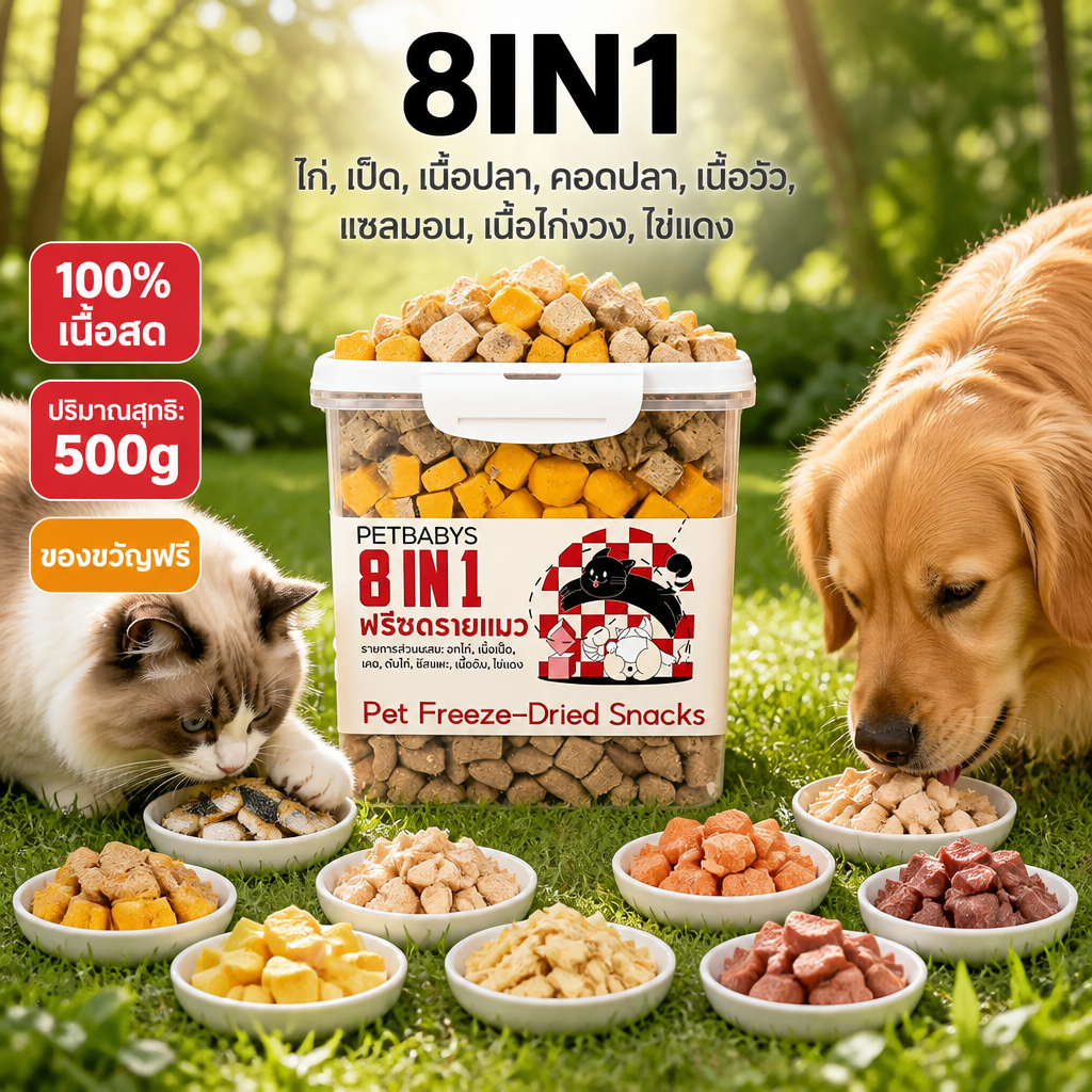 [พร้อมส่ง] ขนมฟรีซดราย 8 in 1 โปรตีนสูง ไม่มีสารเติมแต่ง อกไก่ ตับ ไข่แดง ขนมแมว ขนมสุนัข 500g