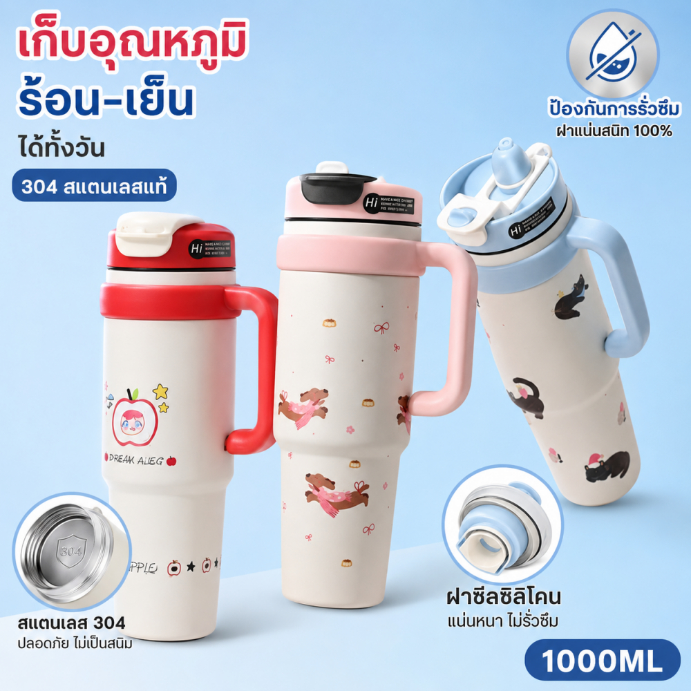 1000ml กระติกน้ำร้อน รูปแบบการ์ตูนน่ารัก พกพา ออกไปปิกนิกท่องเที่ยวสามารถนำ