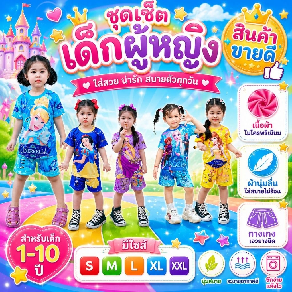 ชุดเด็กผู้หญิง แขนสั้นขาสั้น รุ่นเจ้าหญิง พิมลายเด็กหญิง เนื้อผ้าไมโครไฟเบอร์