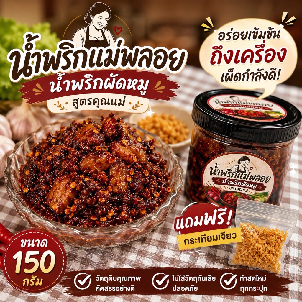 น้ำพริกผัดหมู แม่พลอย 150 กรัม น้ำพริกหมู ผัดแห้ง คลุกข้าวสวยร้อนๆ ถูกหลักอนามัย ไม่ใส่วัตถุกับ