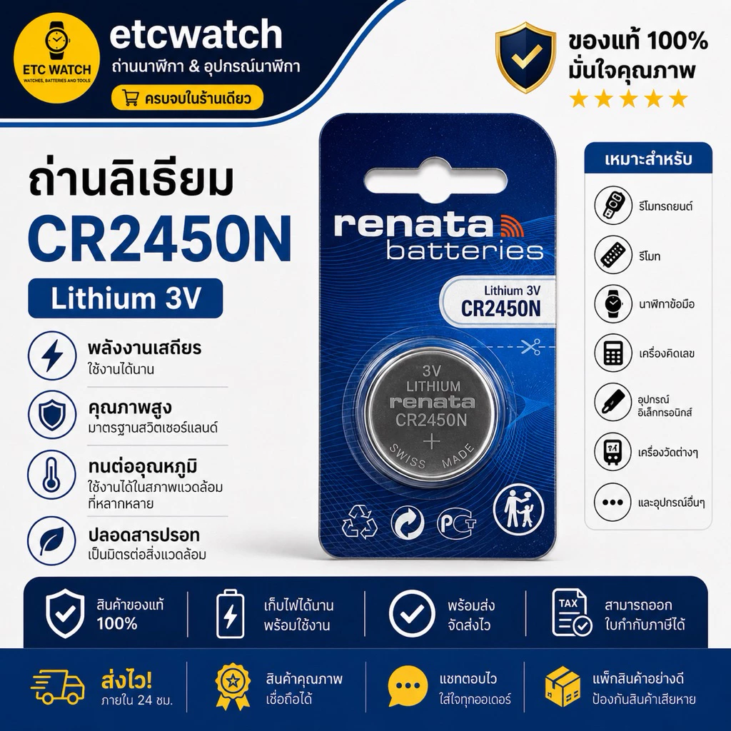 พร้อมส่ง> ถ่านกระดุม Renata CR2450N / CR2450 ใช้กับรีโมทรถยนต์ BMW 1 ก้อน