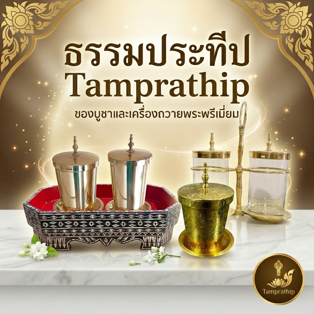 กี๋มุก ถาดรองแก้วน้ำมุก แก้วทองเหลือง ชุดถวายน้ำพระ ชุดแก้วน้ำถวายพระ งานประณีต สวยงามสง่า สำหรับงานบุญ งานพิธี