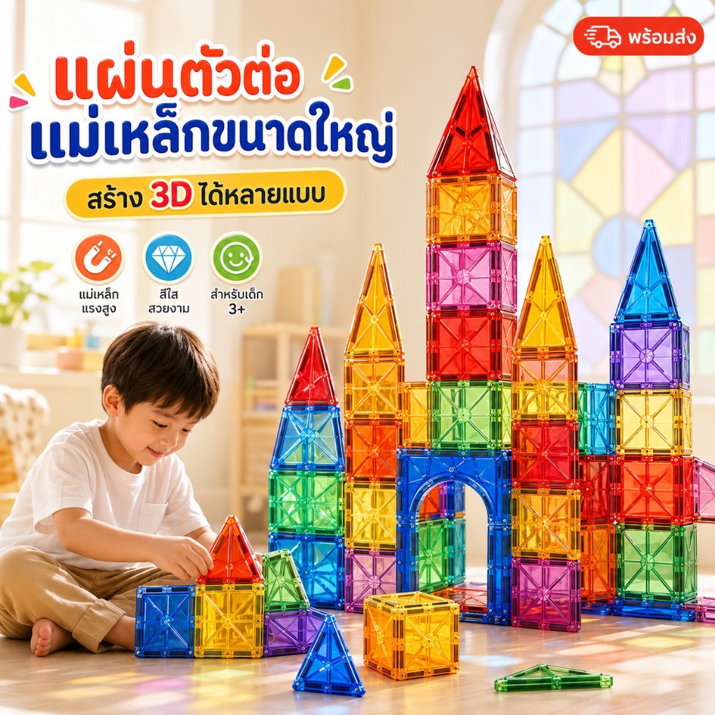 KiKi ชุดแผ่นตัวต่อแม่เหล็กขนาดใหญ่ 3D  | Magnetic Tiles ของเล่นเสริมพัฒนาการ STEM 32/60/100 ชิ้น 3+