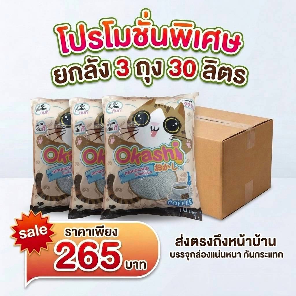 Okashi ทรายแมวกลิ่นกาแฟ ขนาด 10 ลิตร 3 ถุง 30 ลิตร สูตรประหยัดทราย 15% (สินค้าบรรจุกล่อง)