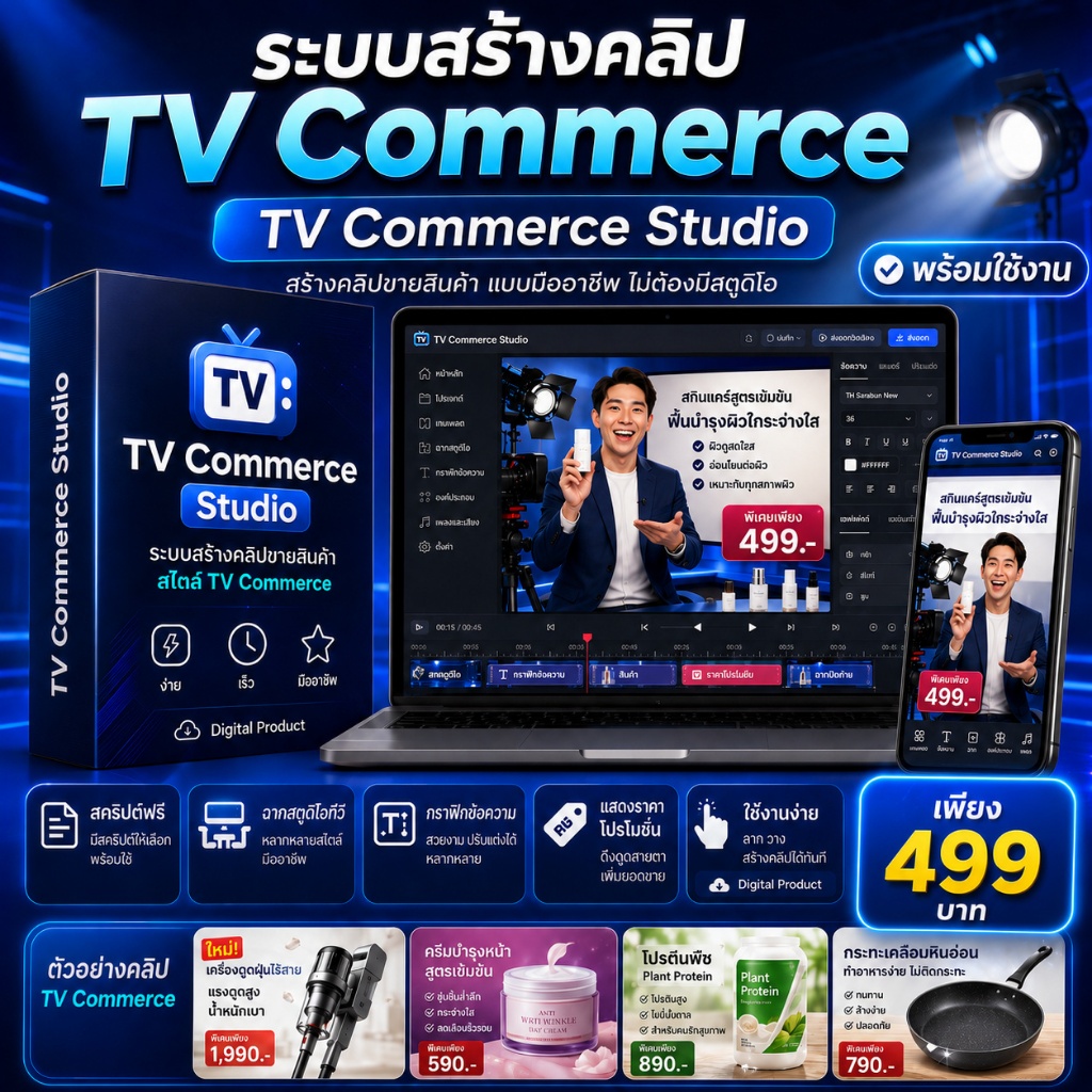 TV Commerce Studio ระบบช่วยทำคลิปขายสินค้า แบบมืออาชีพ สำหรับ Shopee TikTok Facebook