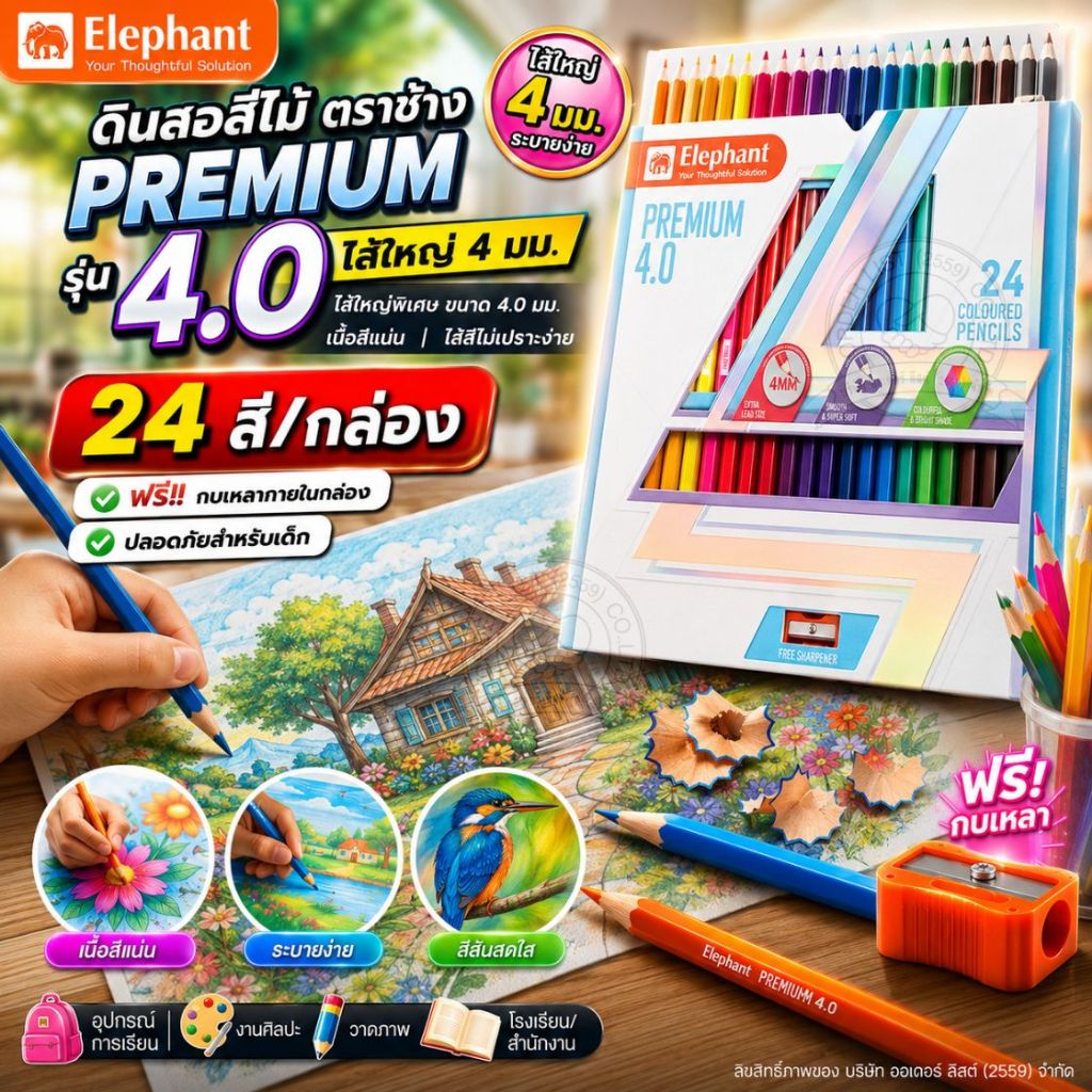 [Official Store]Elephant ดินสอสีไม้ ตราช้าง พรีเมี่ยม 4.0 ไส้ใหญ่ 4 มม. ระบายง่าย 48 สี พร้อมกบเหลาฟรี