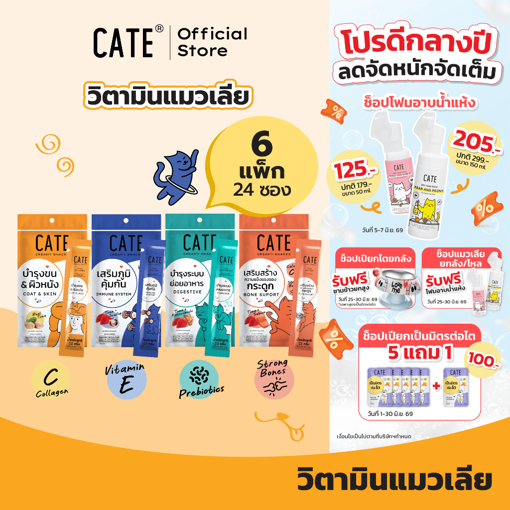 6 แพ็ค (24 ซอง) CATE เคท ขนมแมวเลีย คอลลาเจน พรีไบโอติก เสริมภูมิ แคลเซียม