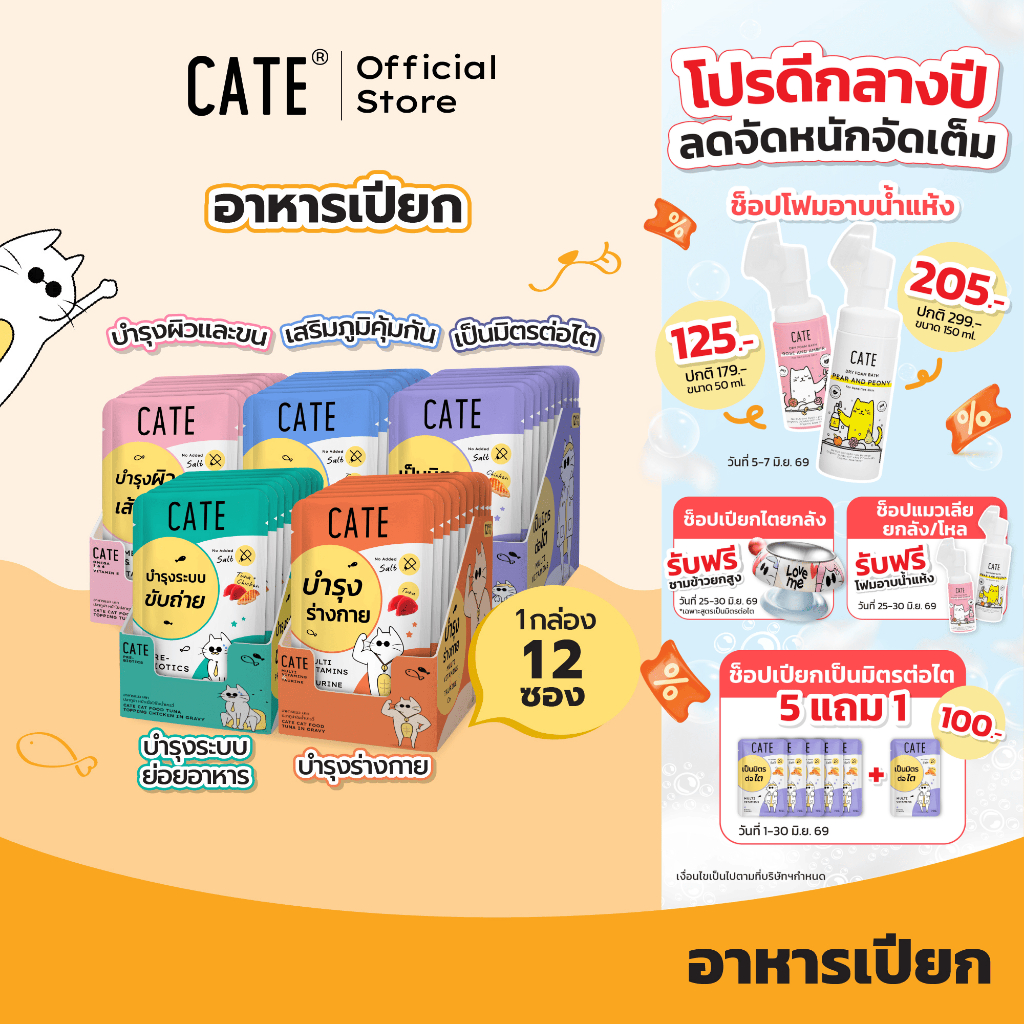 (ยกโหลประหยัดกว่า) CATE Wet Food เคท อาหารเปียกแมว 5 สูตร บำรุงร่างกาย ไม่เติมเกลือ ไม่ทำร้ายไต (1 กล่อง 12 ซอง)