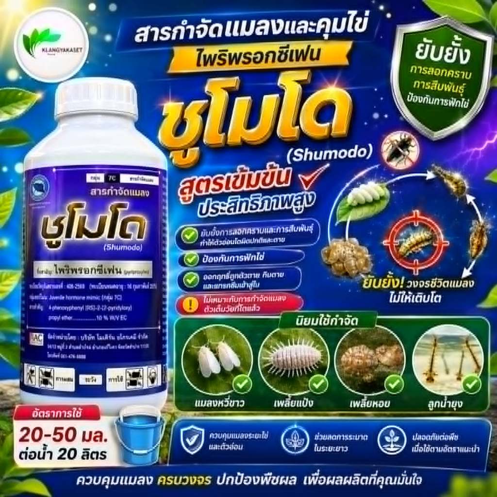 ชูโมโด 1 ลิตร ไพริพรอกซีเฟน เป็นสารกำจัดแมลงและคุมไข่ ยับยั้งการลอกคราบและการสืบพันธุ์ ทำให้ตัวอ่อนโตผิดปกติและตาย ป้องก
