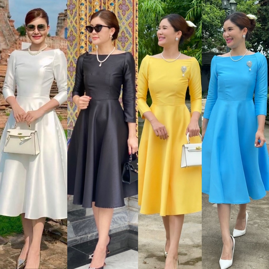 เดรสคอปาดรุ่นราชินี เดรสสีขาว เดรสสีดำ เดรสสีฟ้า เดรสสีเหลือง ชุดงานบุญ ชุดขาวมินิมอล
