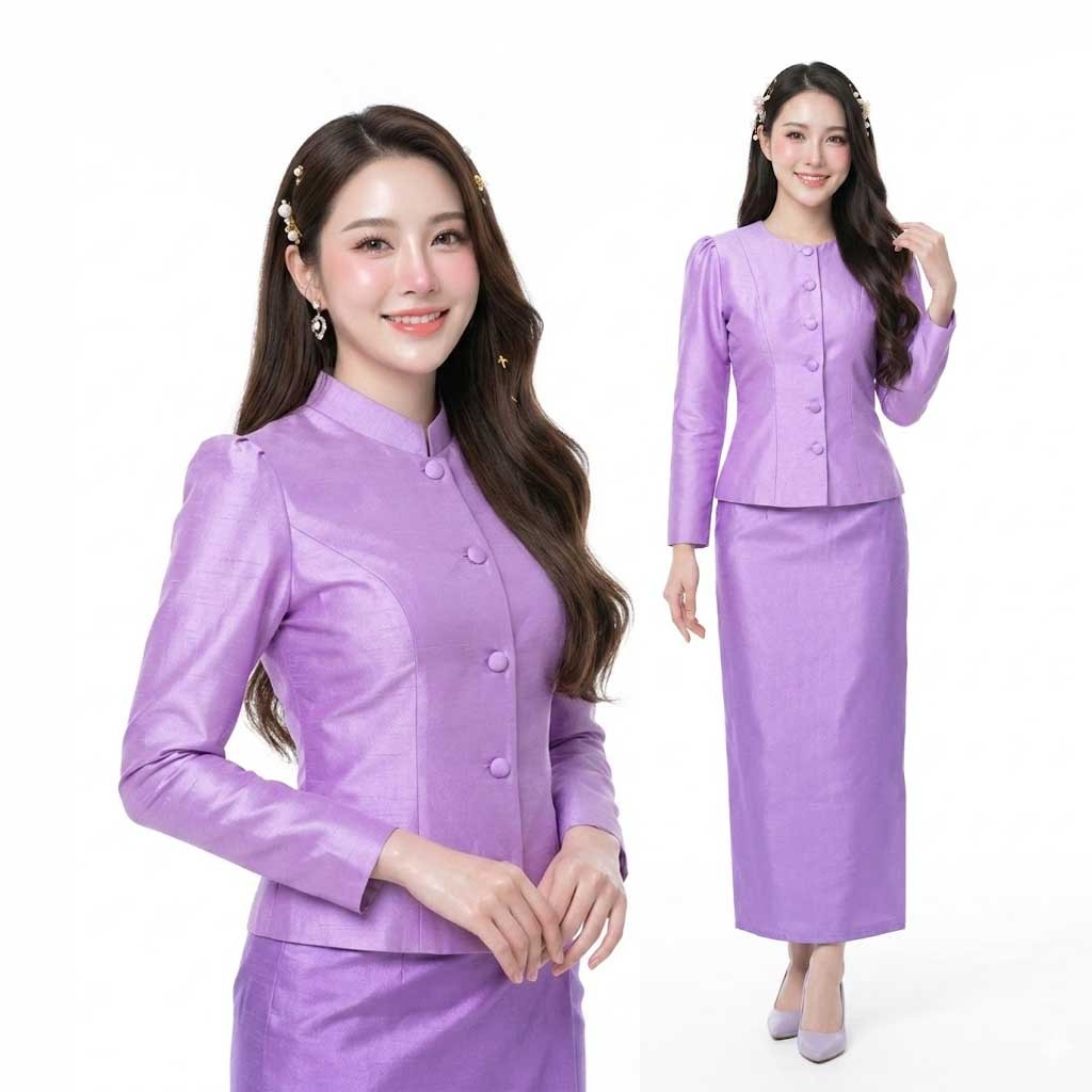 [ขายแยกชิ้น-พร้อมส่ง] เสื้อไทยจิตรลดา เสื้อไทยเรือนต้น ผ้าถุงสำเร็จรูป รหัส M15 ทท6 ศ16 สีม่วงอ่อน ผ้าไหมสี่เส้นอัดกาว