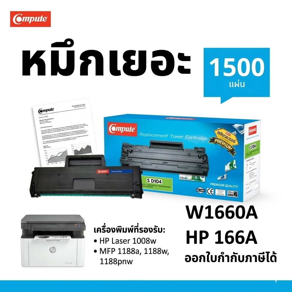 COMPUTE ตลับ HP166A Black W1660A 160A 1660A for MFP 1188a MFP 1188w MFP 1188nw MFP 1188pnw MFP 1136w